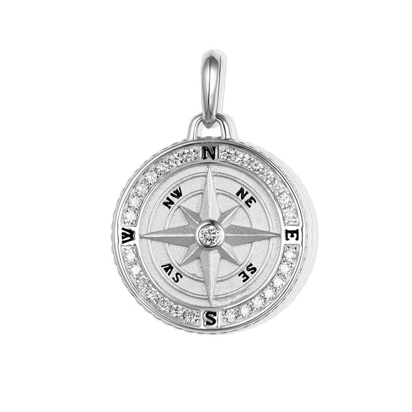 Navigator's Diamond Compass Pendant in White Gold